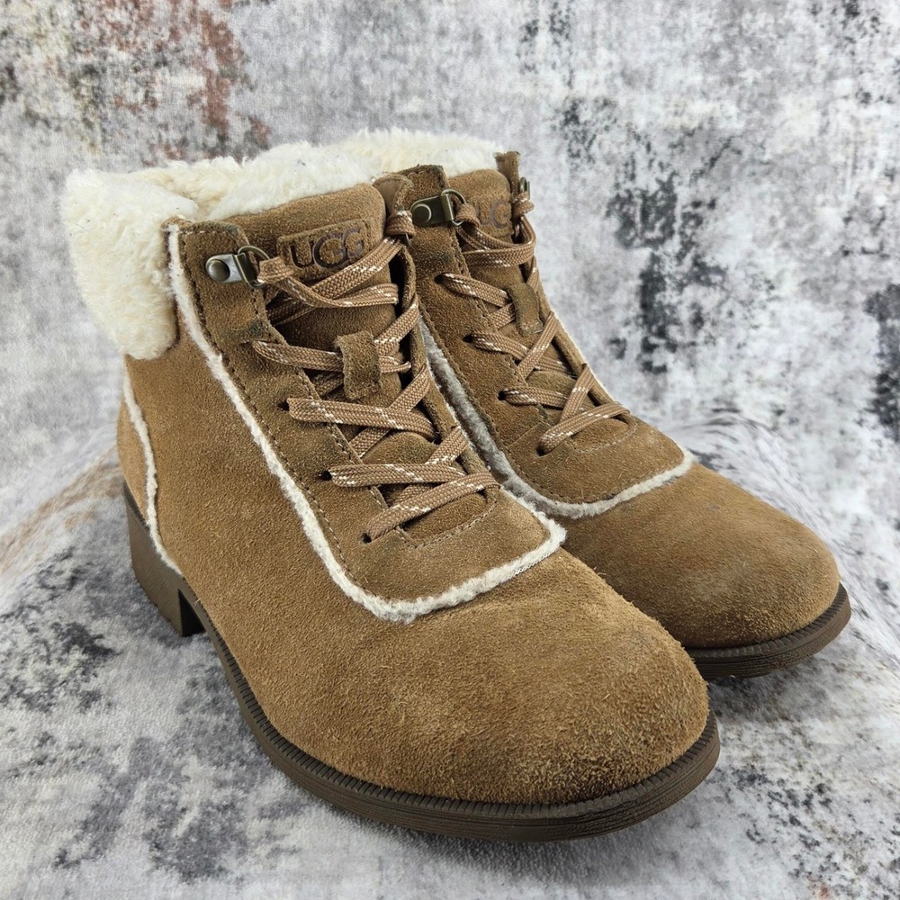 UGG Bodie Fur Lace Up Ankle Boots Womens 8.5 Brown Sheepskin Brown Winter